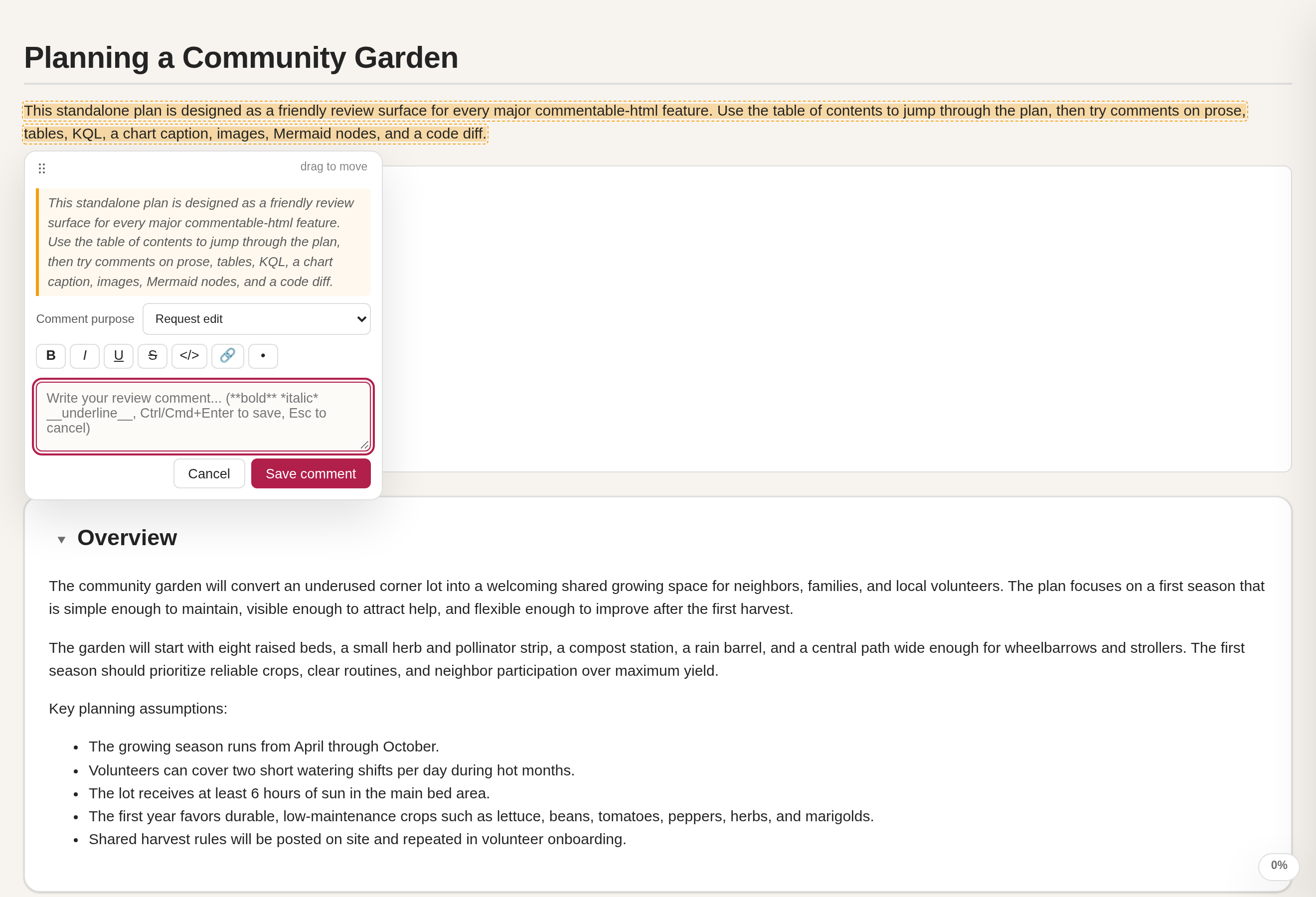 The comment composer open on a selected phrase, with the quoted text and a note field