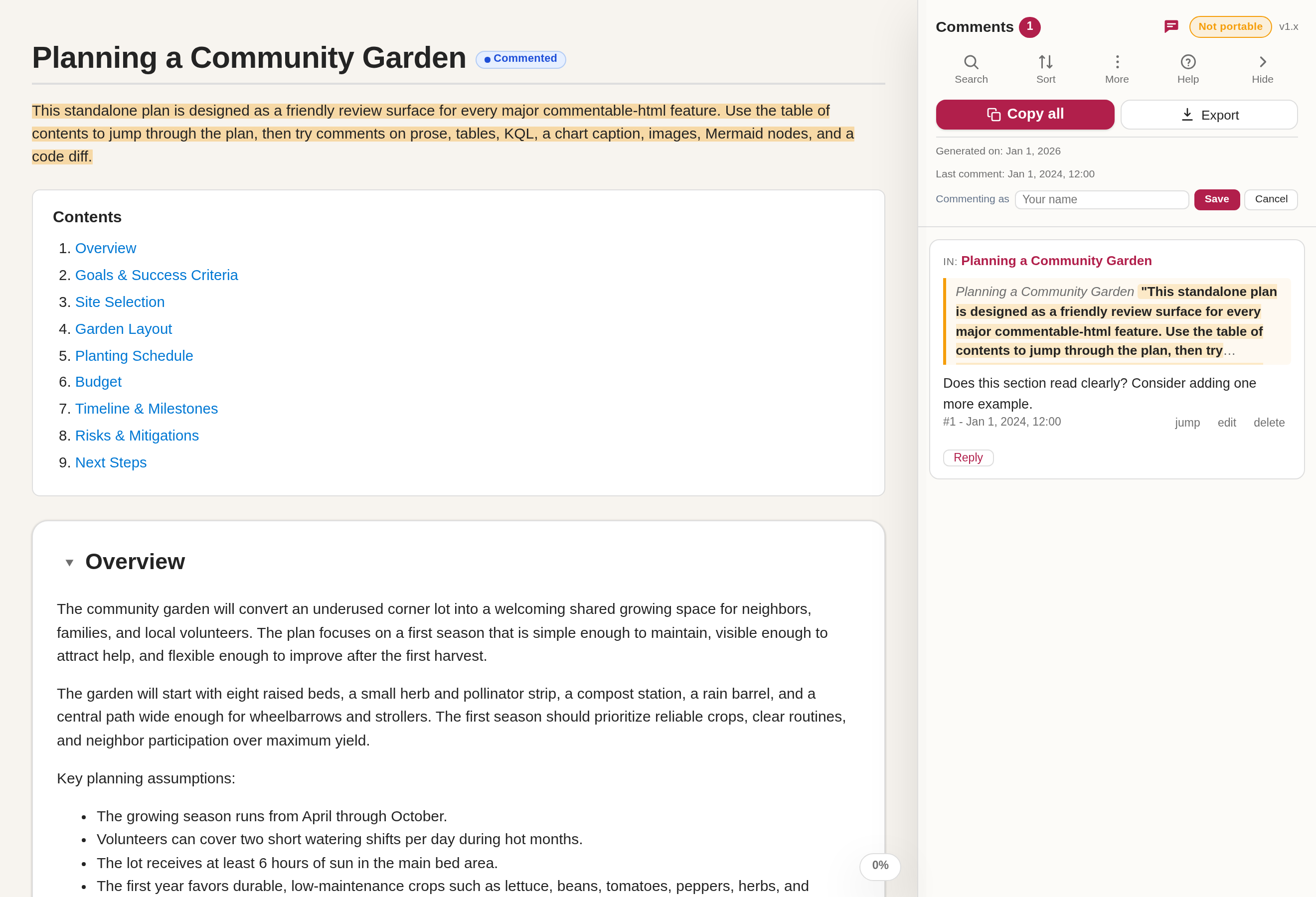 The saved comment highlighted in the text with its card in the sidebar
