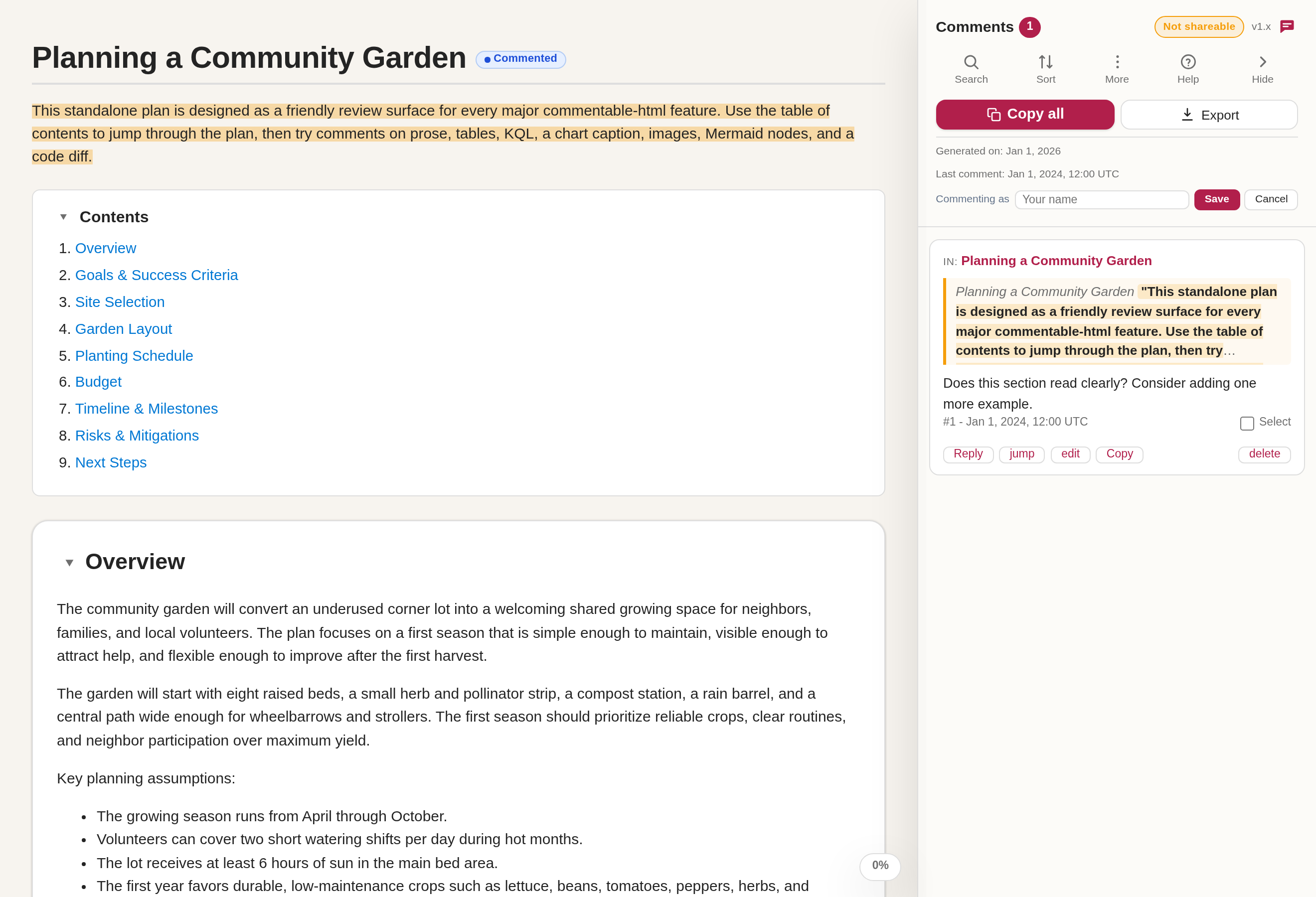 The saved comment highlighted in the text with its card in the sidebar