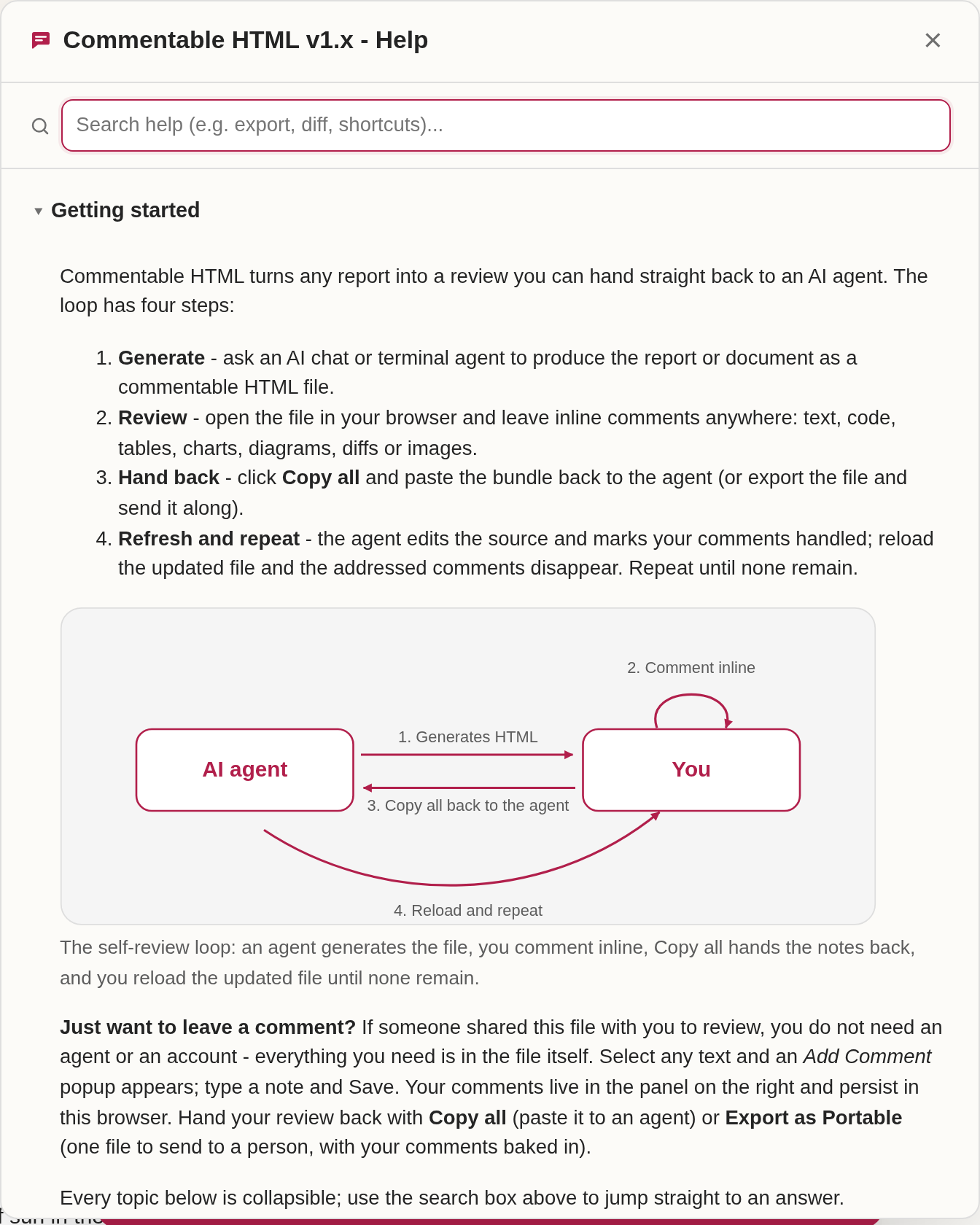 The Help and About dialog, opened to the review-workflow topic