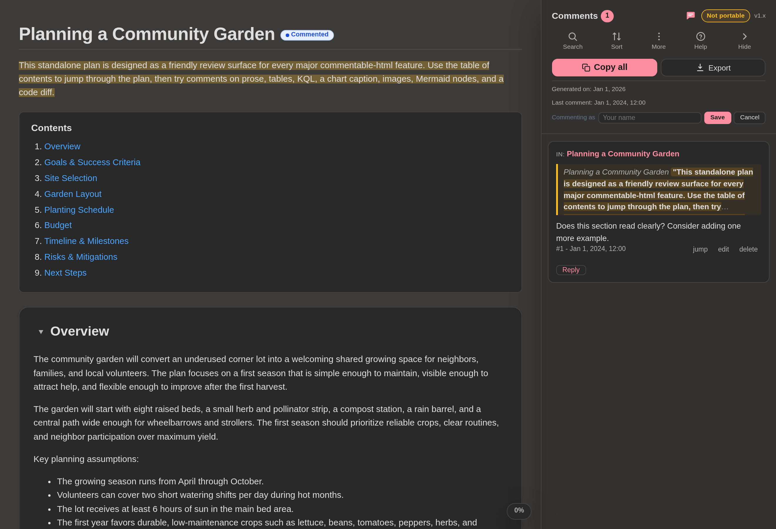 The community garden plan in dark theme