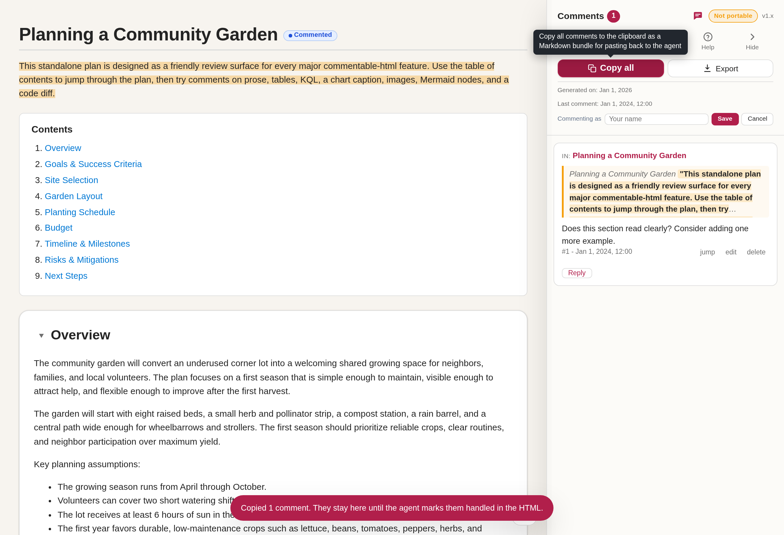 The Copy all action with the comments panel populated