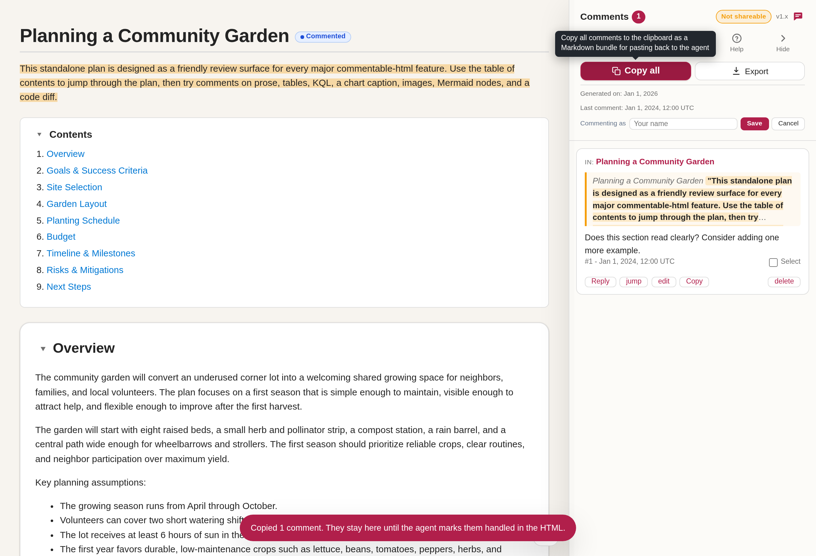 The Copy all action with the comments panel populated