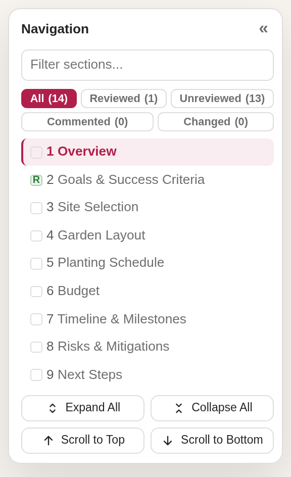 The left section navigation with its search box, review-status filter, and expand/collapse and scroll controls