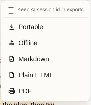 The sidebar export menu open, listing Portable, Offline, Markdown, Plain HTML, and PDF