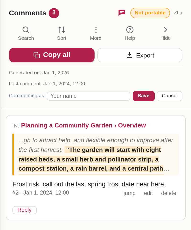The comments panel filtered by a search query, with the sort controls and a shown-of-total count