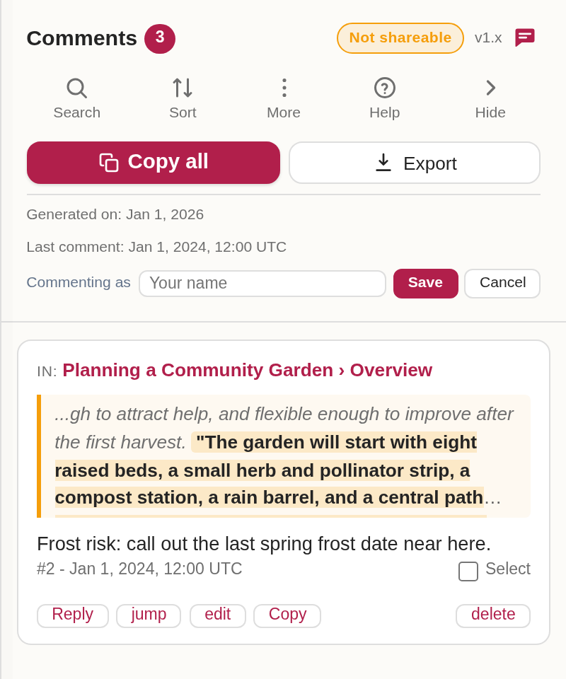 The comments panel filtered by a search query, with the sort controls and a shown-of-total count