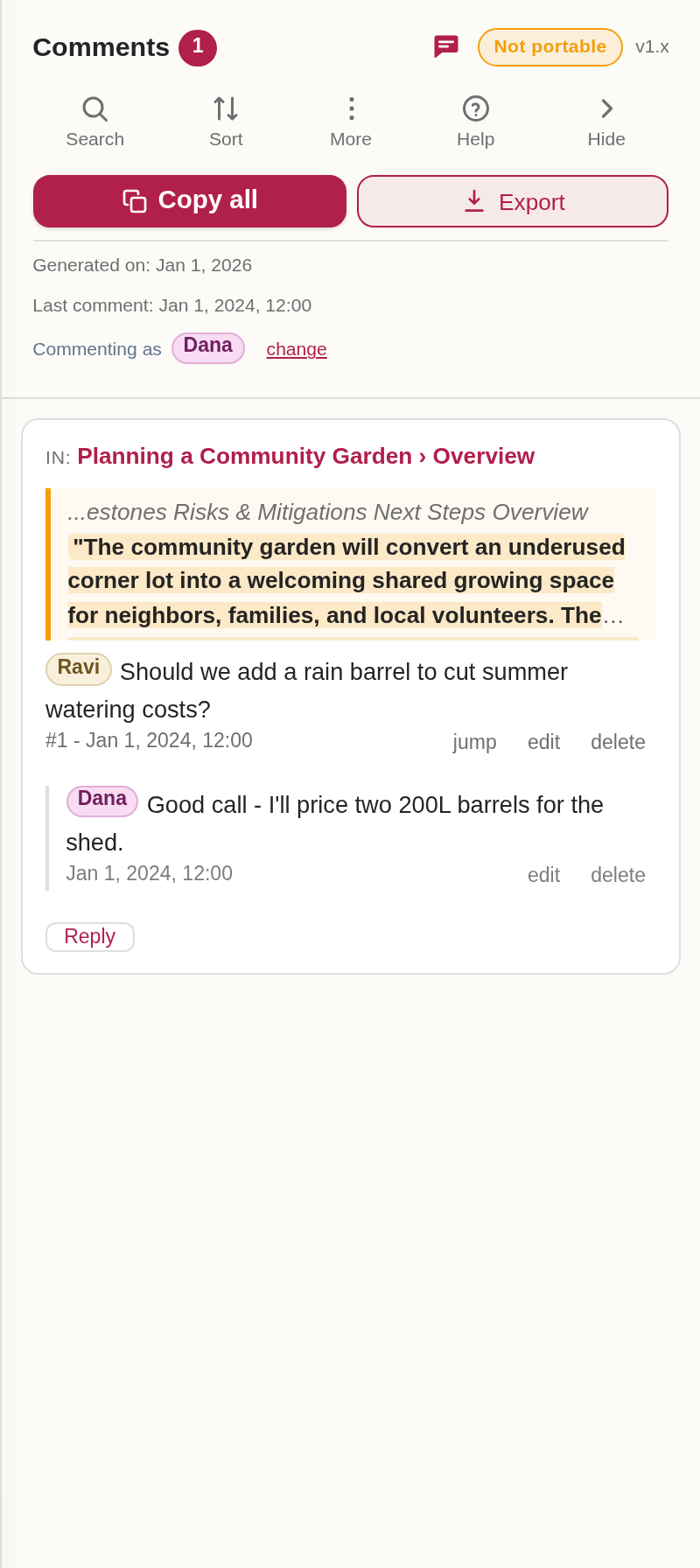 The comments panel showing the Commenting as control and a comment thread with two author pills and a reply