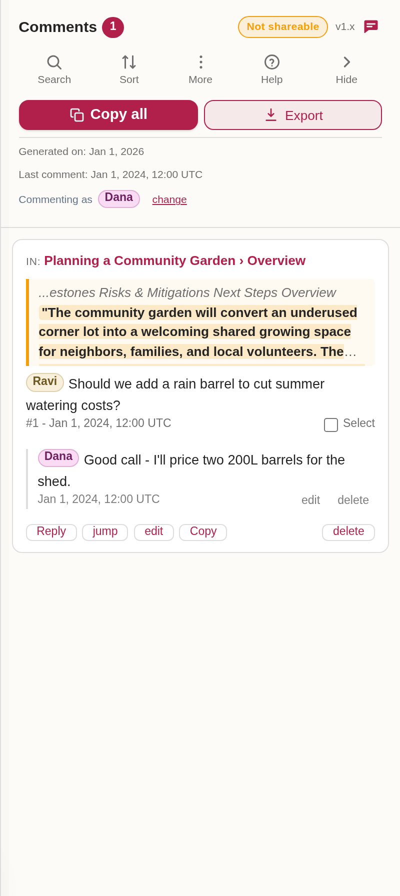 The comments panel showing the Commenting as control and a comment thread with two author pills and a reply
