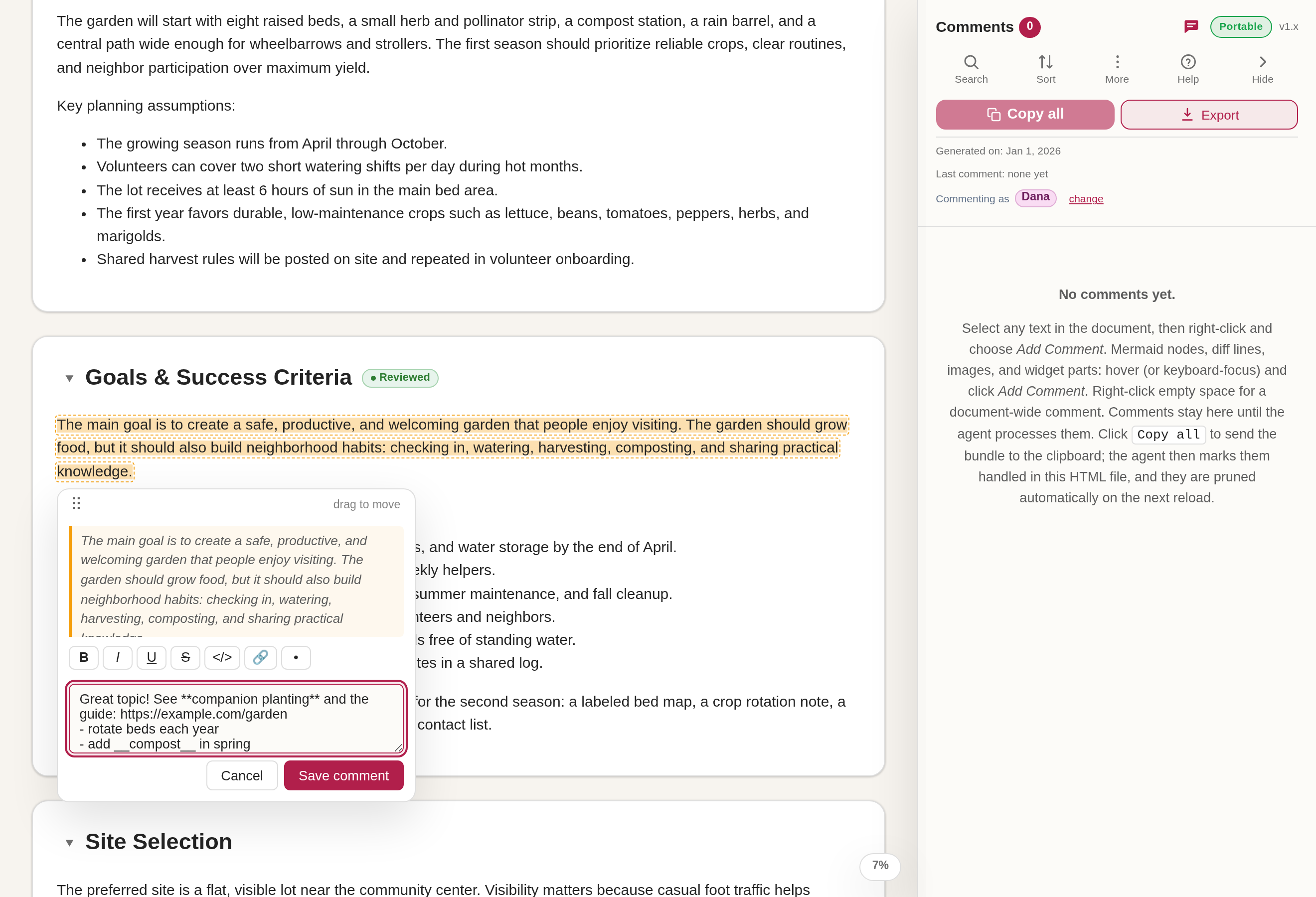 The comment composer with its formatting toolbar above a note being written with bold text, a link, and a bullet list