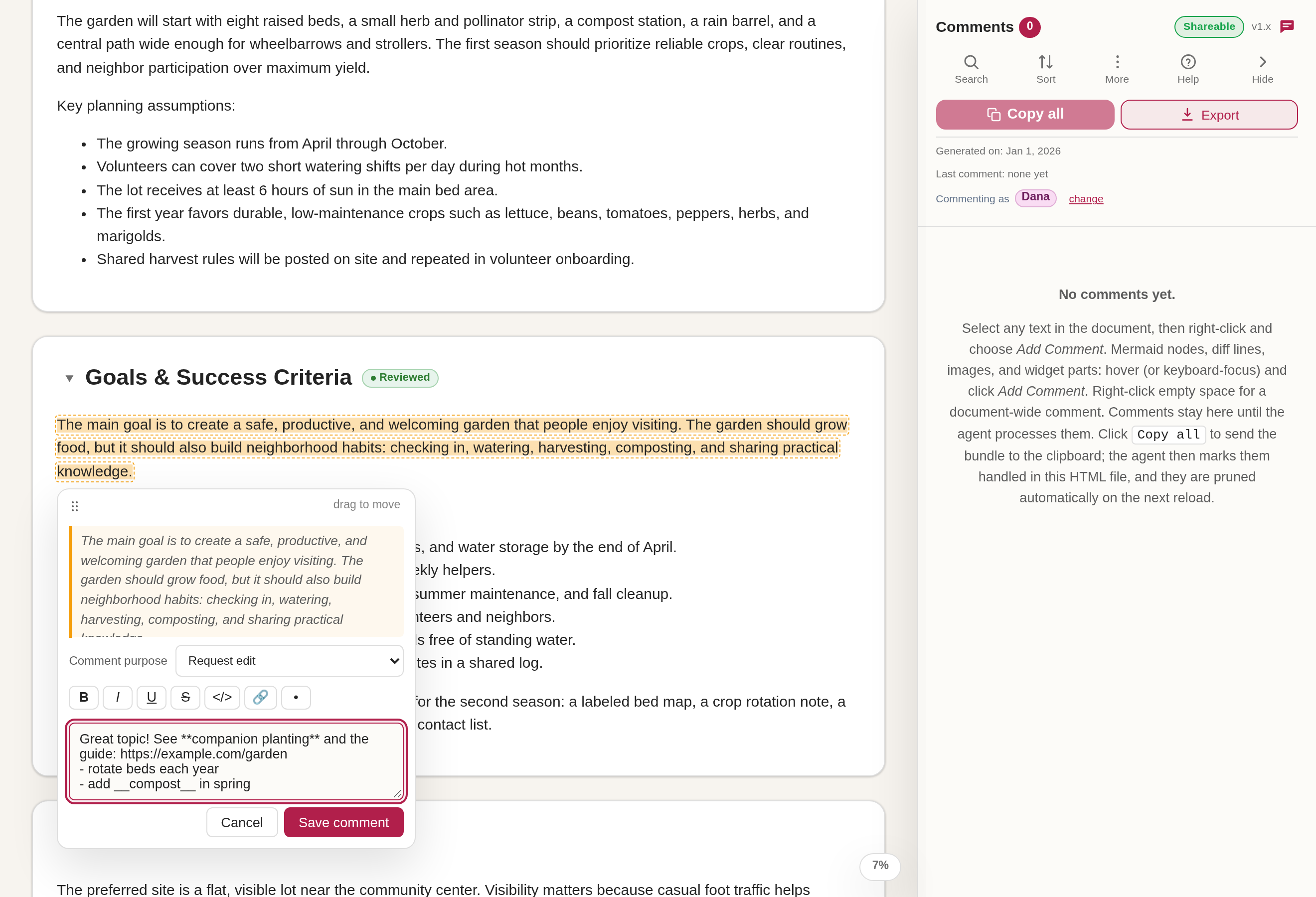 The comment composer with its formatting toolbar above a note being written with bold text, a link, and a bullet list