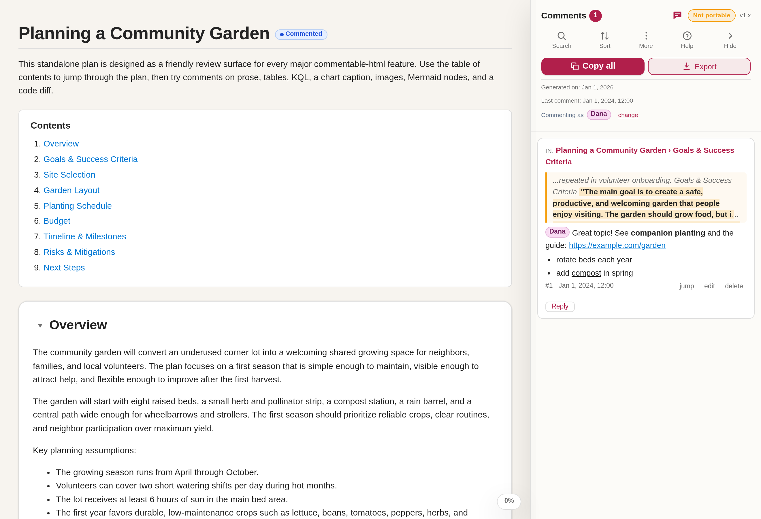 A saved comment card in the sidebar showing bold text, a clickable link, and a bullet list
